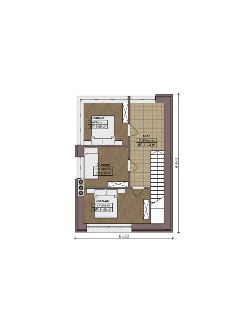 F-2366 - Планы двухэтажного дома 7 на 10, площадью 100 м² с террасой и 3 спальнями
