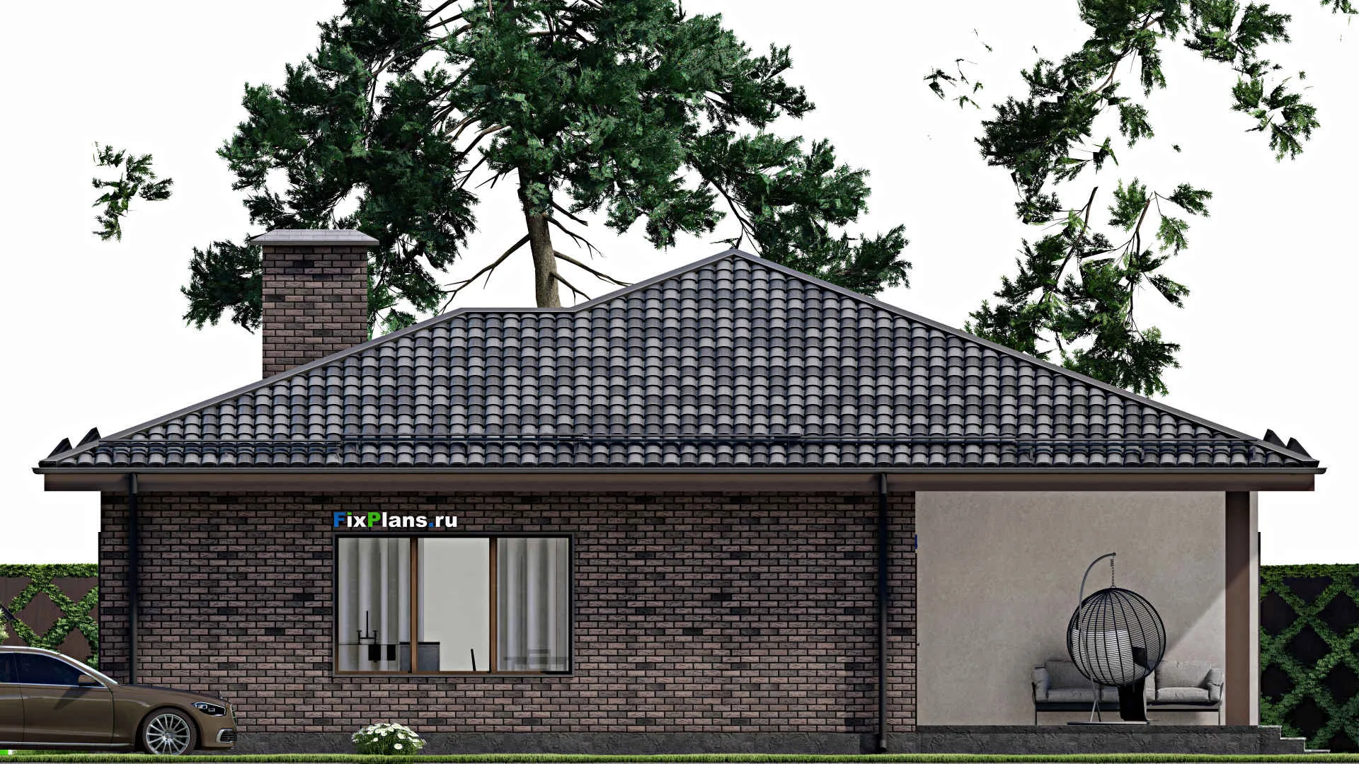 F-7991 - План одноэтажного дома 15 на 15, площадью 170 м² с террасой и 3 спальнями