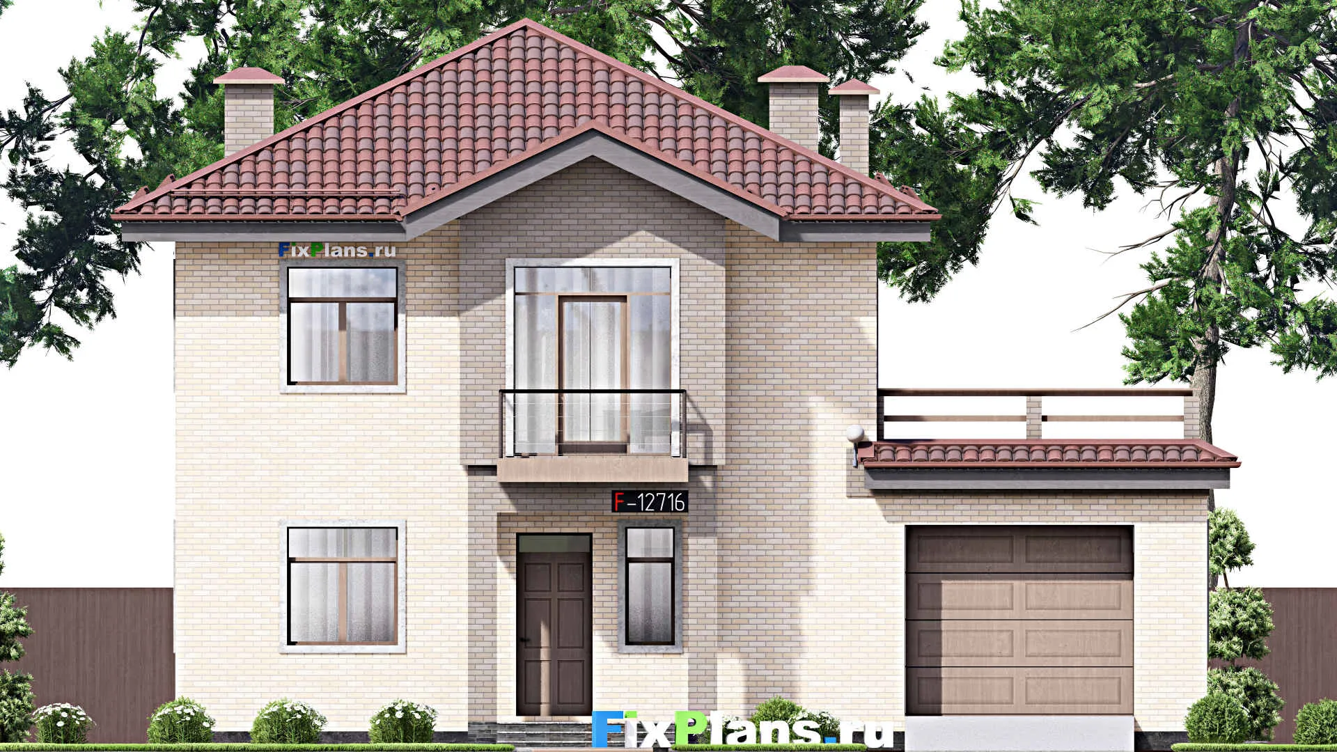 F-12716 - Планы двухэтажного дома 14 на 18, площадью 300 м² с террасой, балконом, гаражом на 1 машину и 3 спальнями